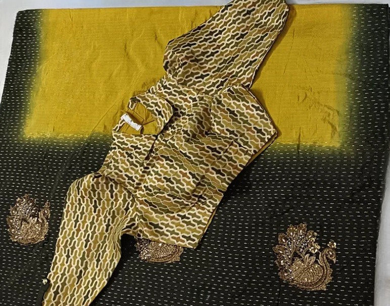 Yellow and Dark Green Saree with Collar Blouse