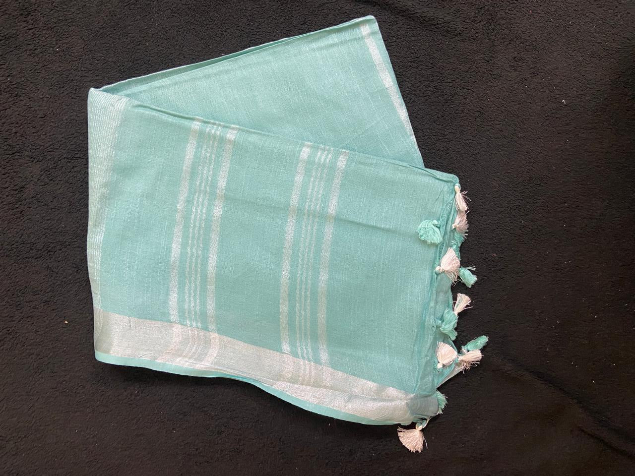 Linen Cotton Saree with Stripes & Pallu with Tassels - VSL Collections