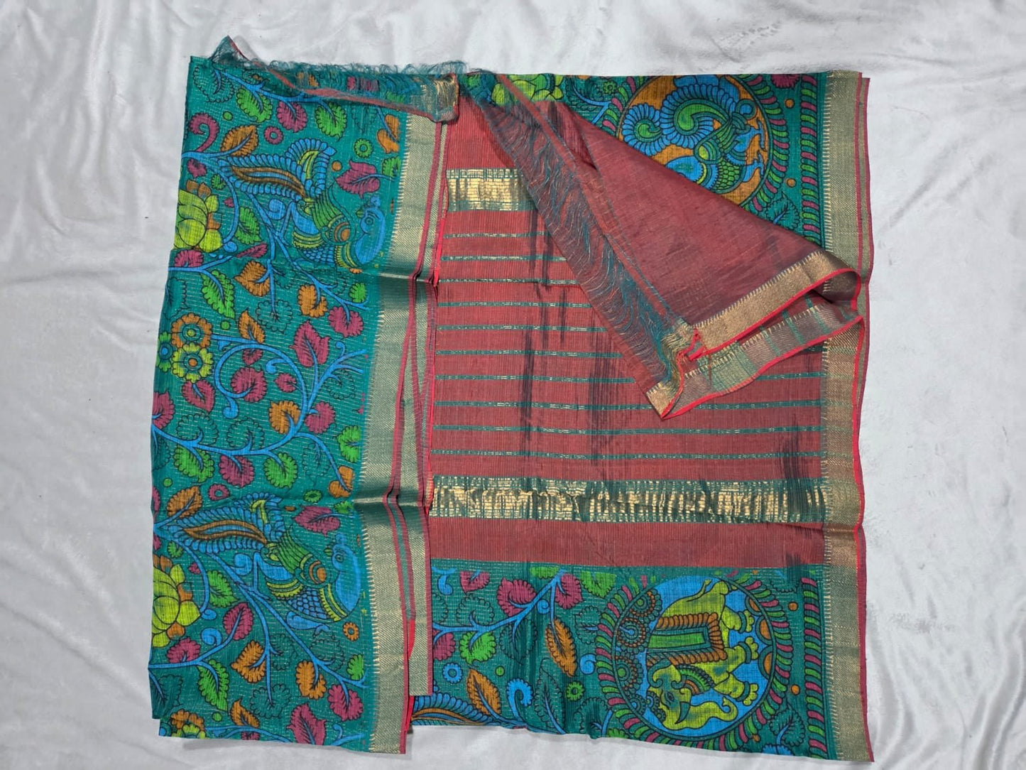Mangalagiri Sico Saree in Teal Color with Maroon Pallu - VSL Collections