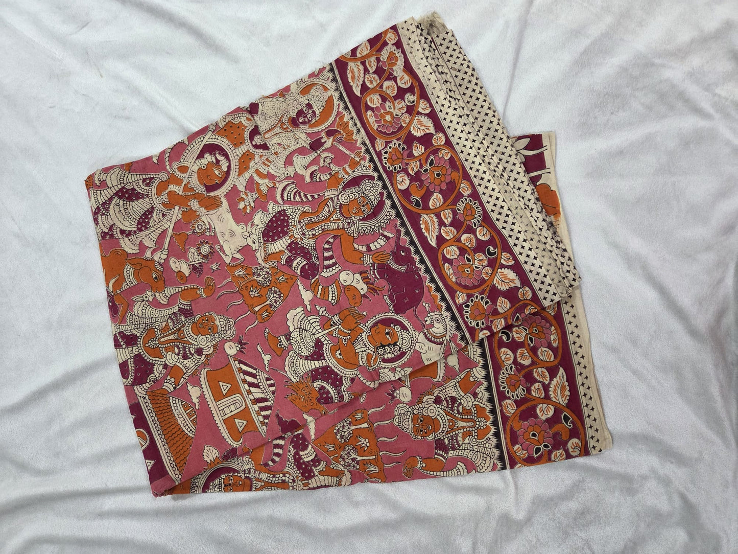 Kalamkari Print Cotton Saree with leafy patterns