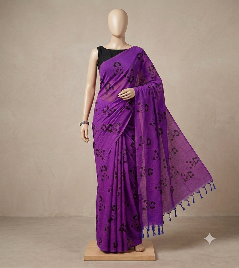 Khadi Cotton with Panda Prints - Dark Purple