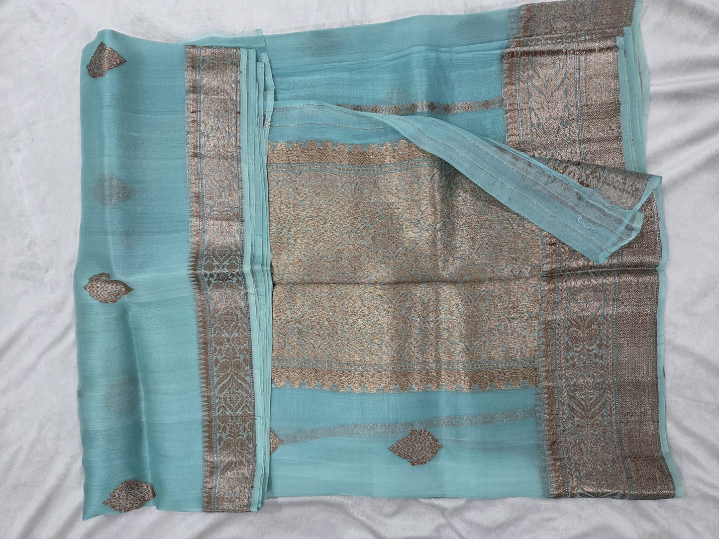 Pale Aqua Kora Silk with Motifs
