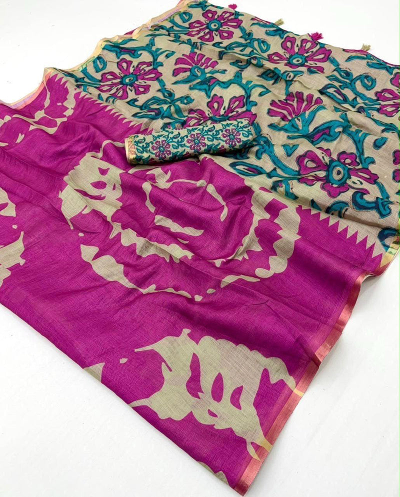 Soft Cotton Sarees with Batik Prints - Dark-Pink