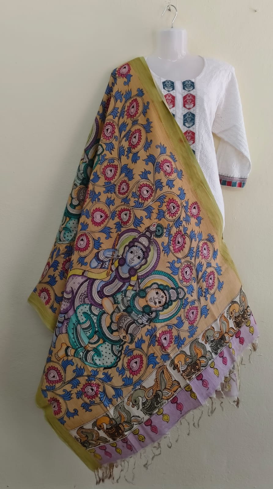Authentic Pen Kalamkari Cotton Dupatta with Traditional Radha Krishna Art - VSL Collections