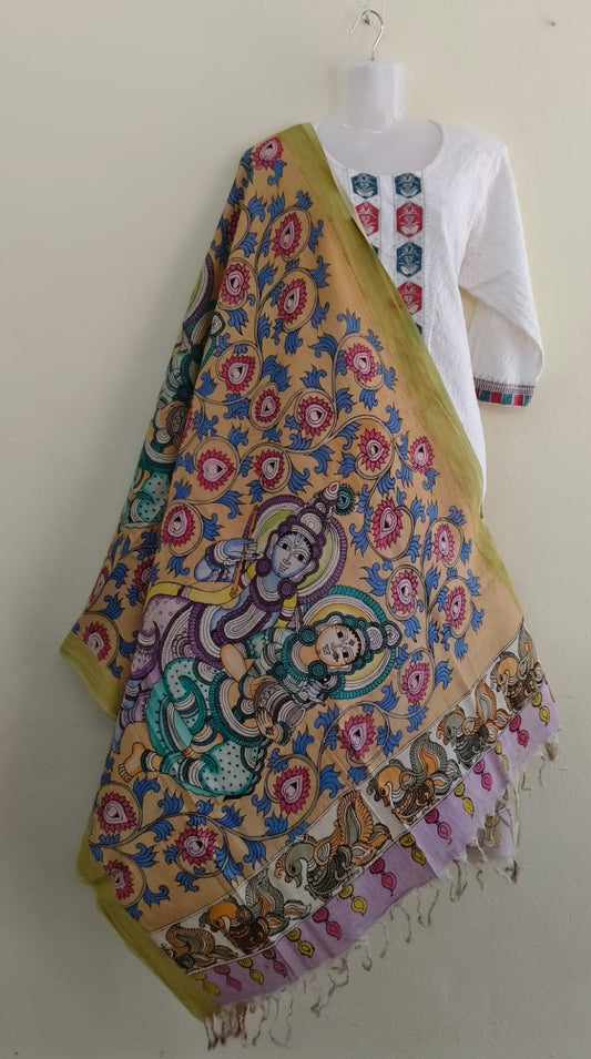 Authentic Pen Kalamkari Cotton Dupatta with Traditional Radha Krishna Art - VSL Collections