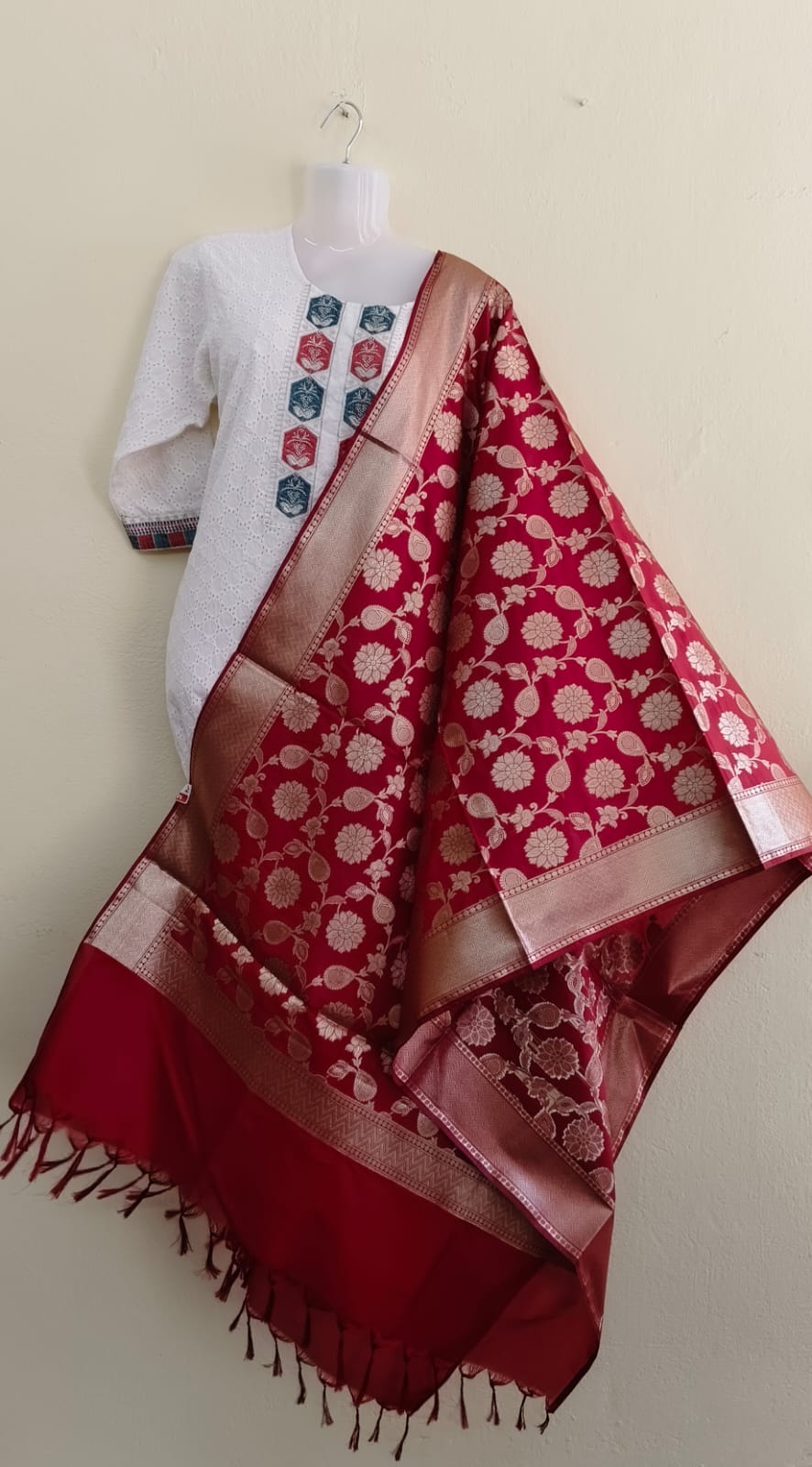 Banarasi Semi Silk Dupatta with Golden Zari Jaal & Floral Motifs - VSL Collections