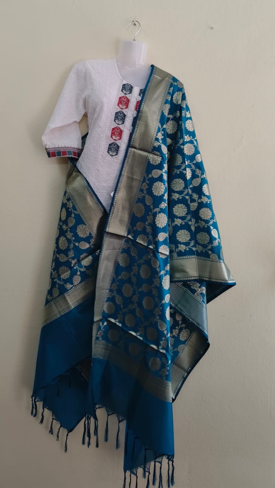 Banarasi Semi Silk Dupatta with Golden Zari Jaal & Floral Motifs - VSL Collections