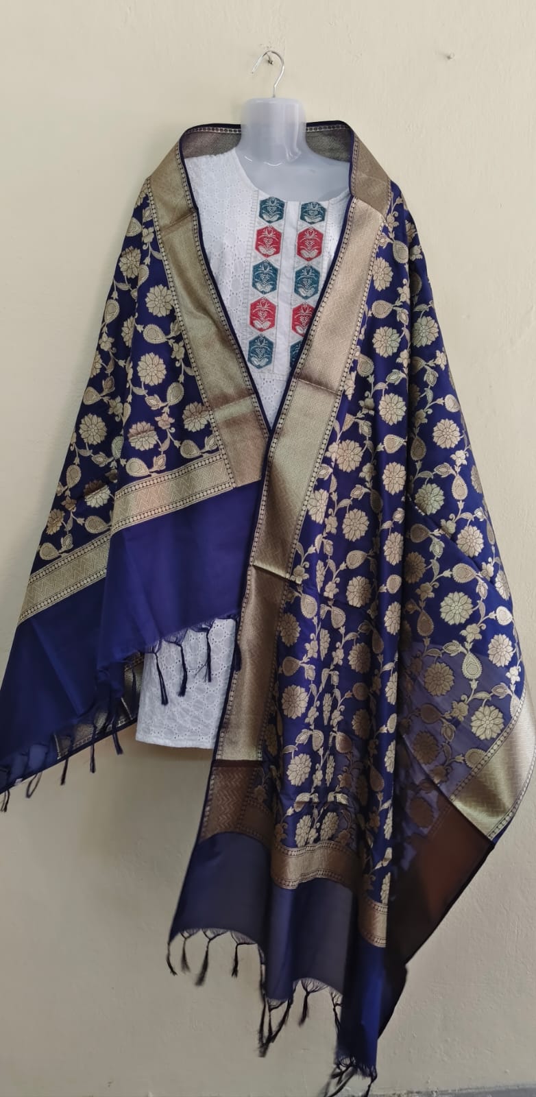 Banarasi Semi Silk Dupatta with Golden Zari Jaal & Floral Motifs - VSL Collections