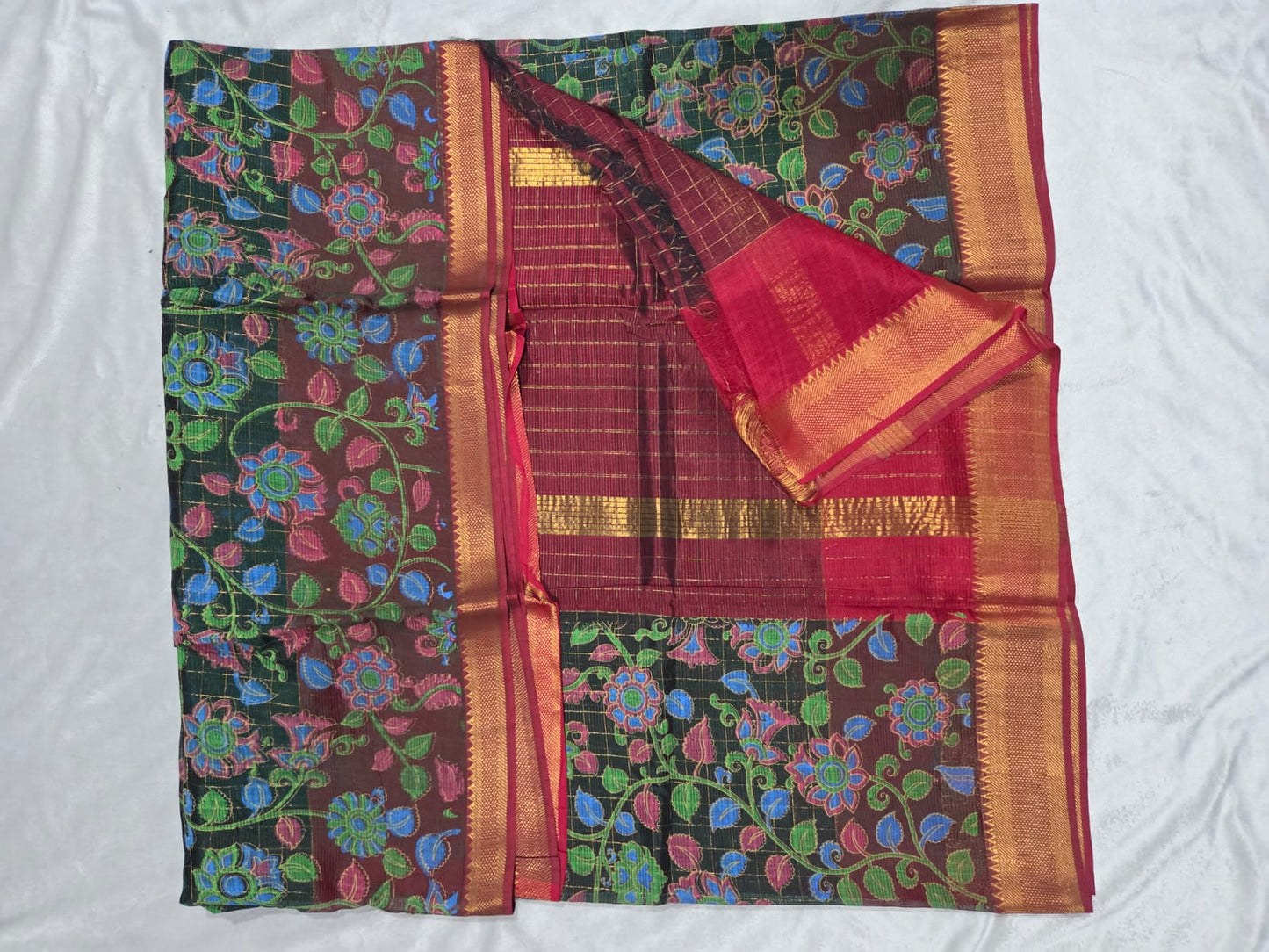 Brown and Maroon Mangalagiri Sico with Copper Zari Border