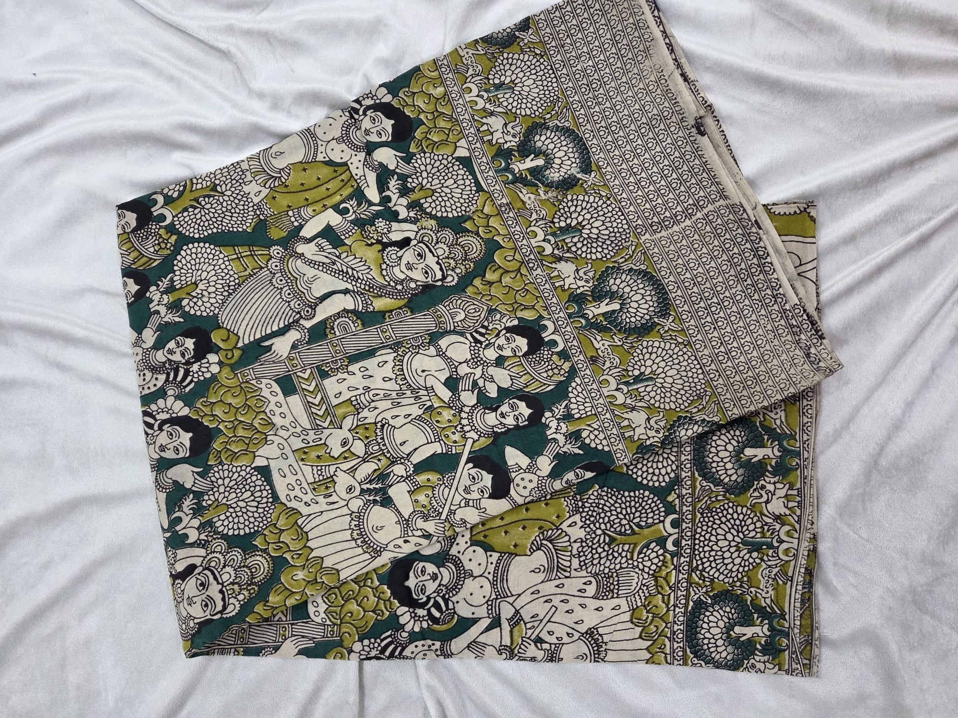 Cotton Kalamkaari Hand Block Printed Saree with graceful deer motifs - VSL Collections