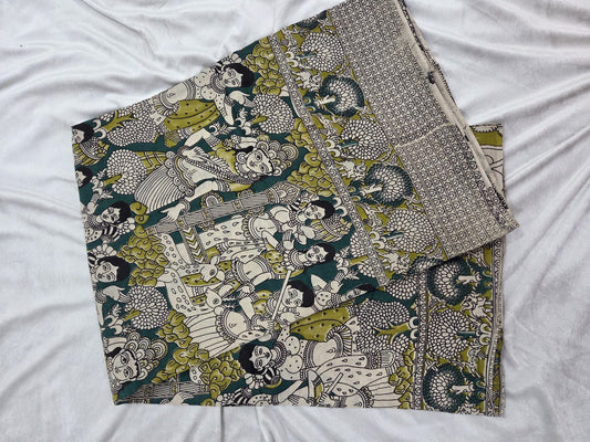 Cotton Kalamkaari Hand Block Printed Saree with graceful deer motifs - VSL Collections
