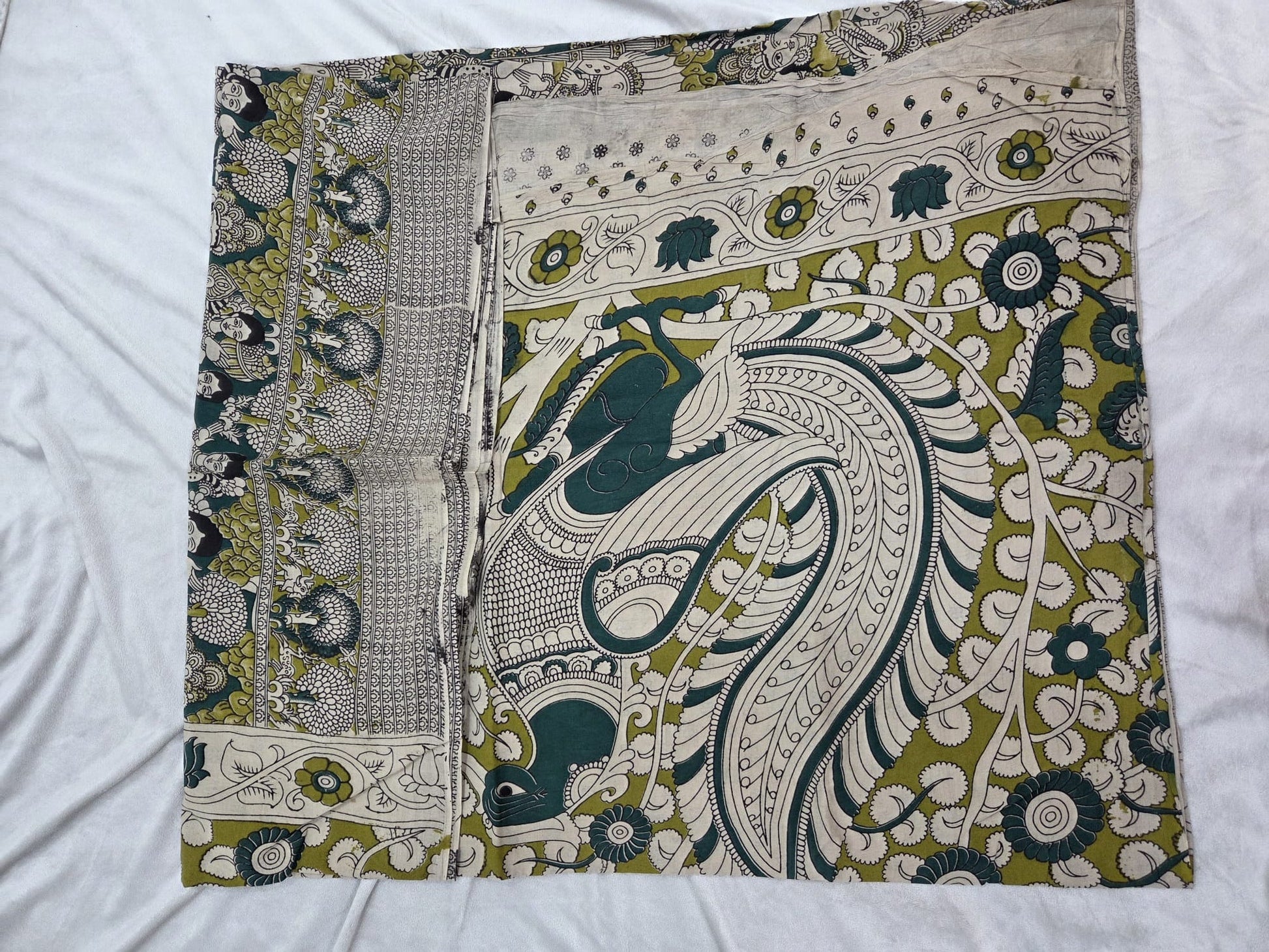Cotton Kalamkaari Hand Block Printed Saree with graceful deer motifs - VSL Collections
