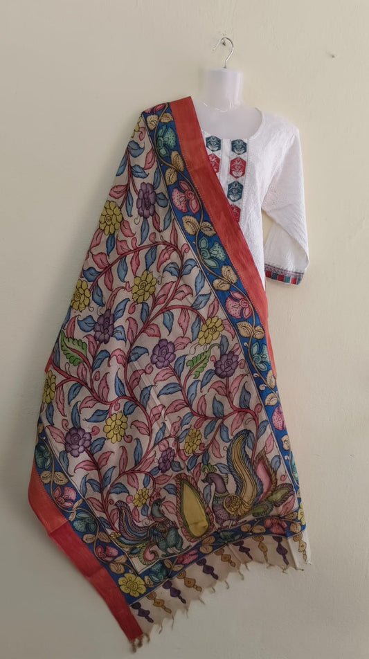 Cotton Pen Kalamkaari Duppatta in Cream - VSL Collections