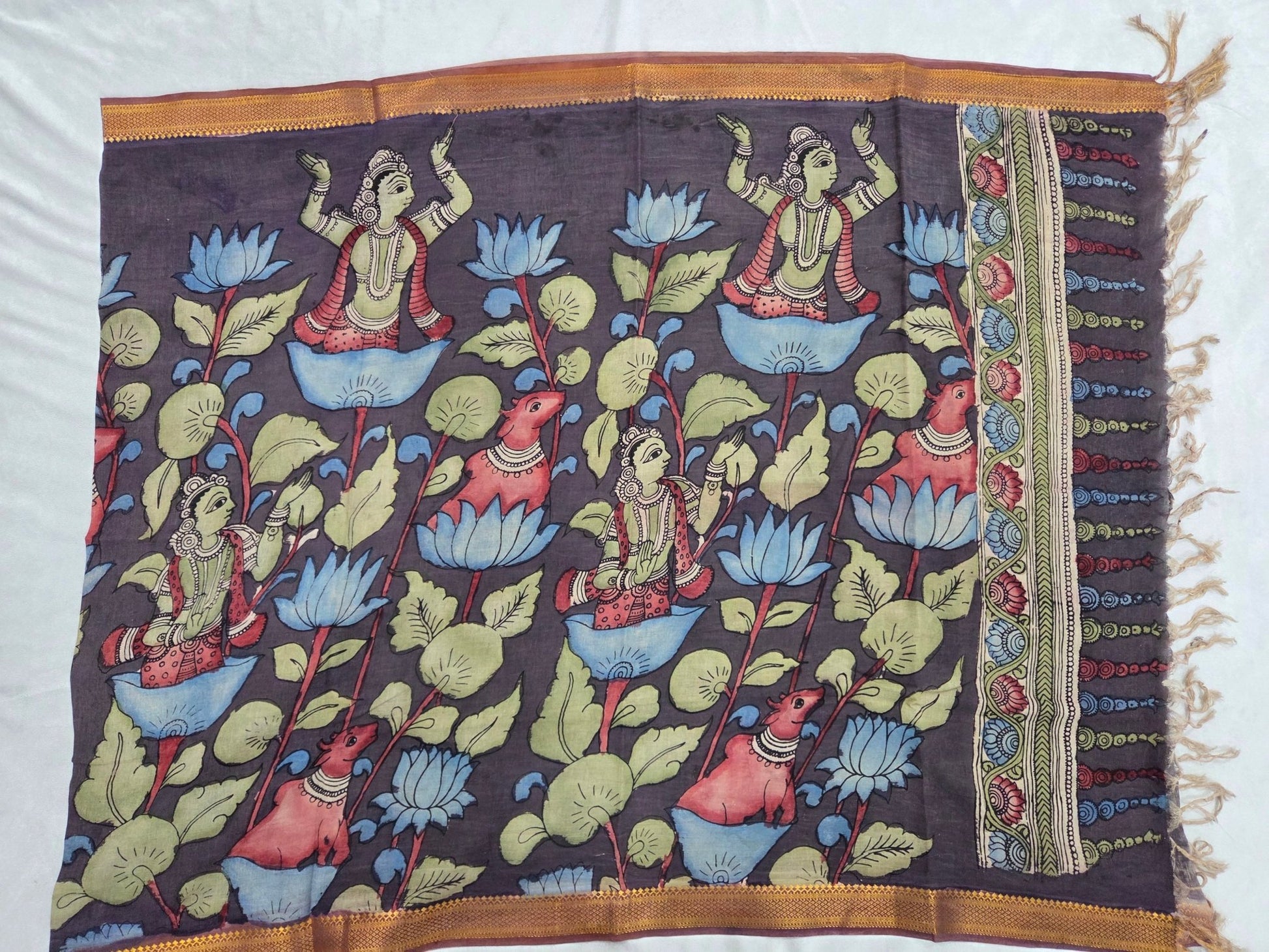 Cotton Pen Kalamkaari Duppatta in Dark Brown - VSL Collections