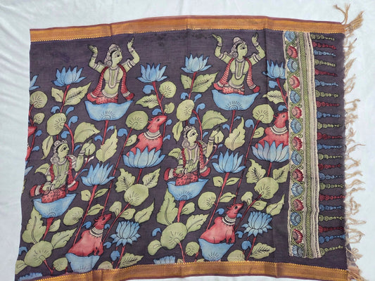 Cotton Pen Kalamkaari Duppatta in Dark Brown - VSL Collections