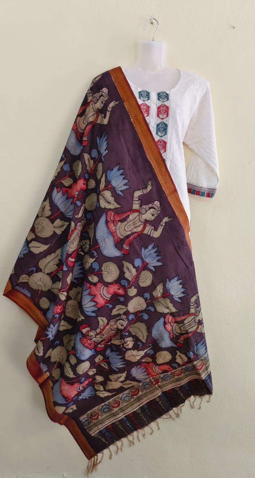 Cotton Pen Kalamkaari Duppatta in Dark Brown - VSL Collections