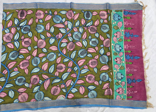 Cotton Pen Kalamkaari Duppatta in Olive Green - VSL Collections