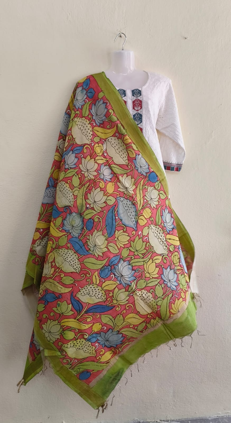 Cotton Pen Kalamkaari Duppatta in Red with Green Border - VSL Collections