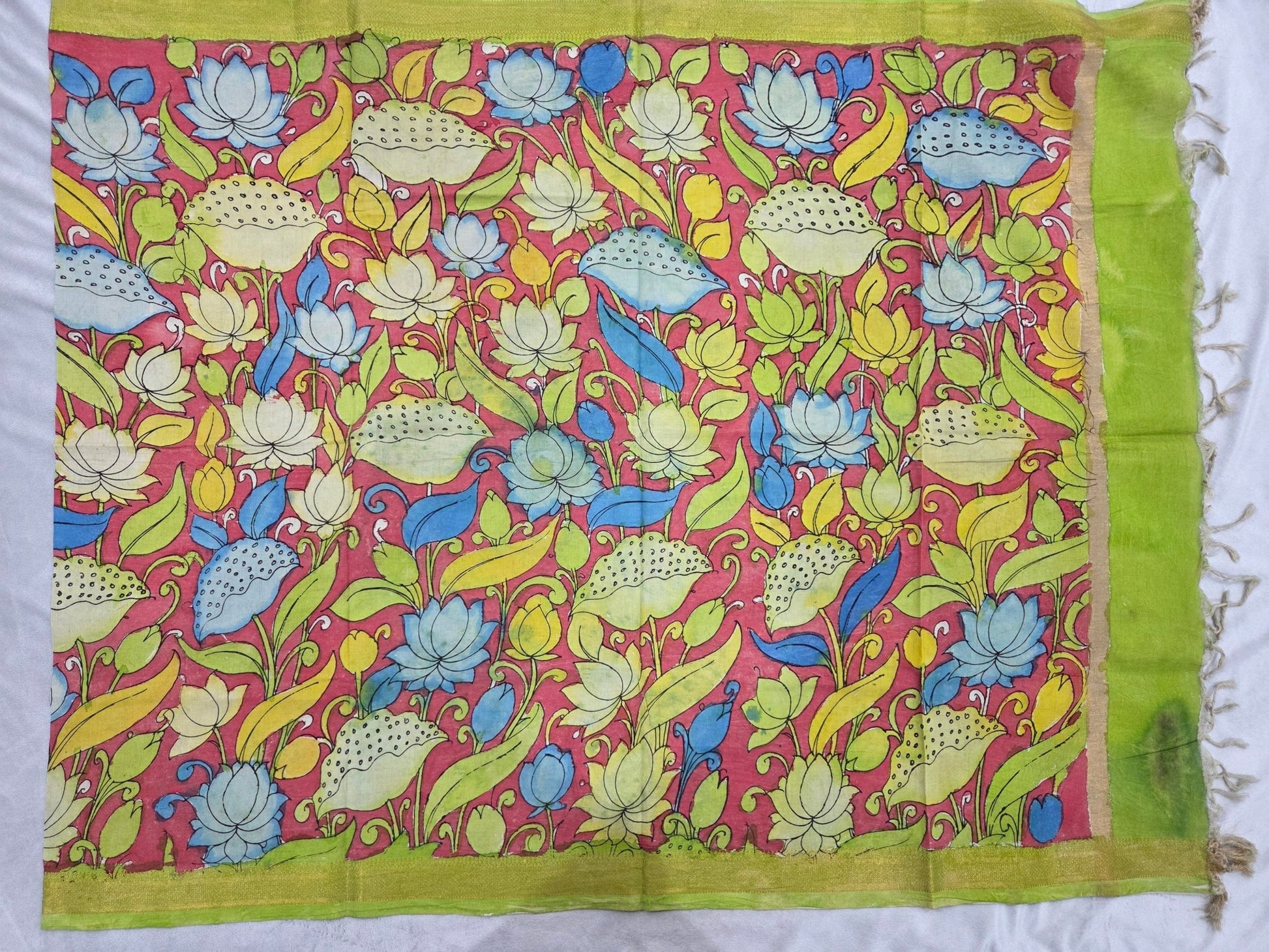 Cotton Pen Kalamkaari Duppatta in Red with Green Border - VSL Collections