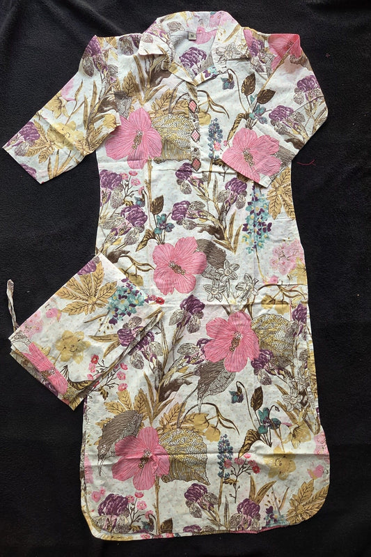Cream Floral Print Co - Ord Set in Cotton - VSL Collections