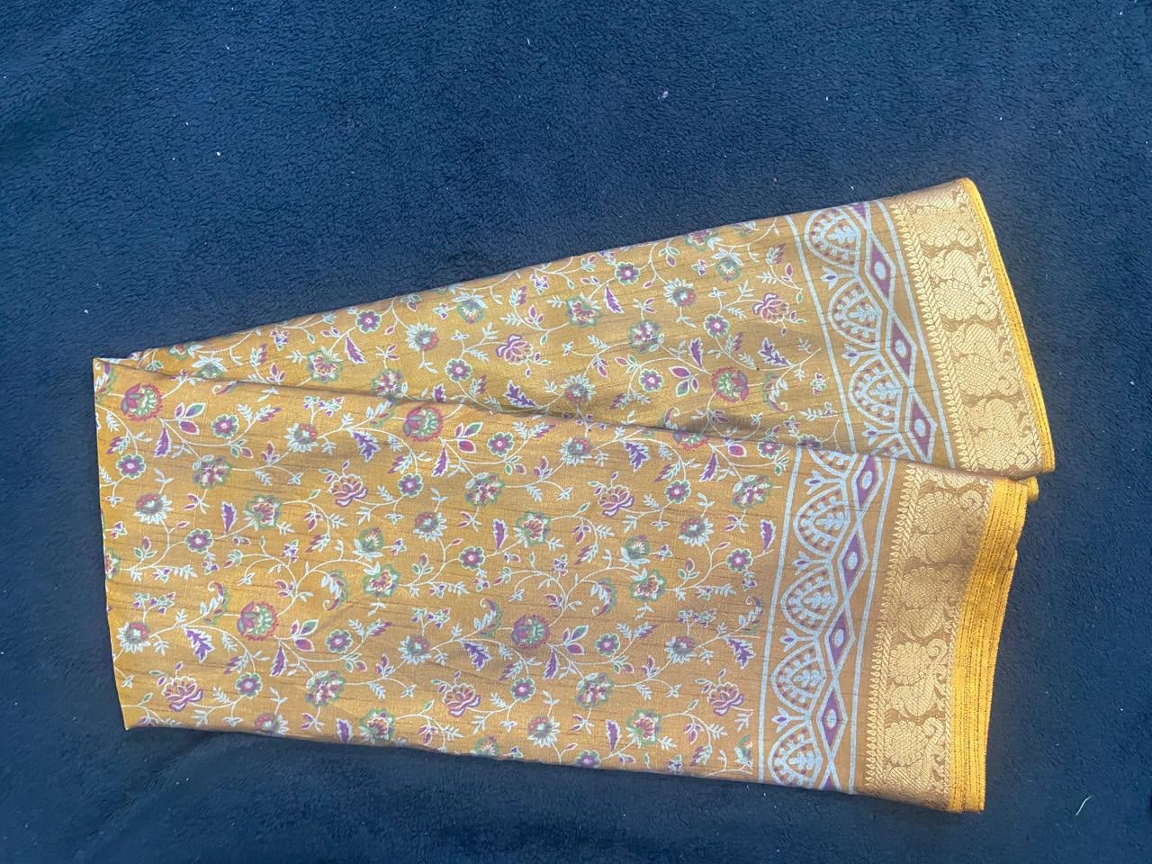 Dola Silk Saree with Floral Print and Peacock Zari Border - VSL Collections