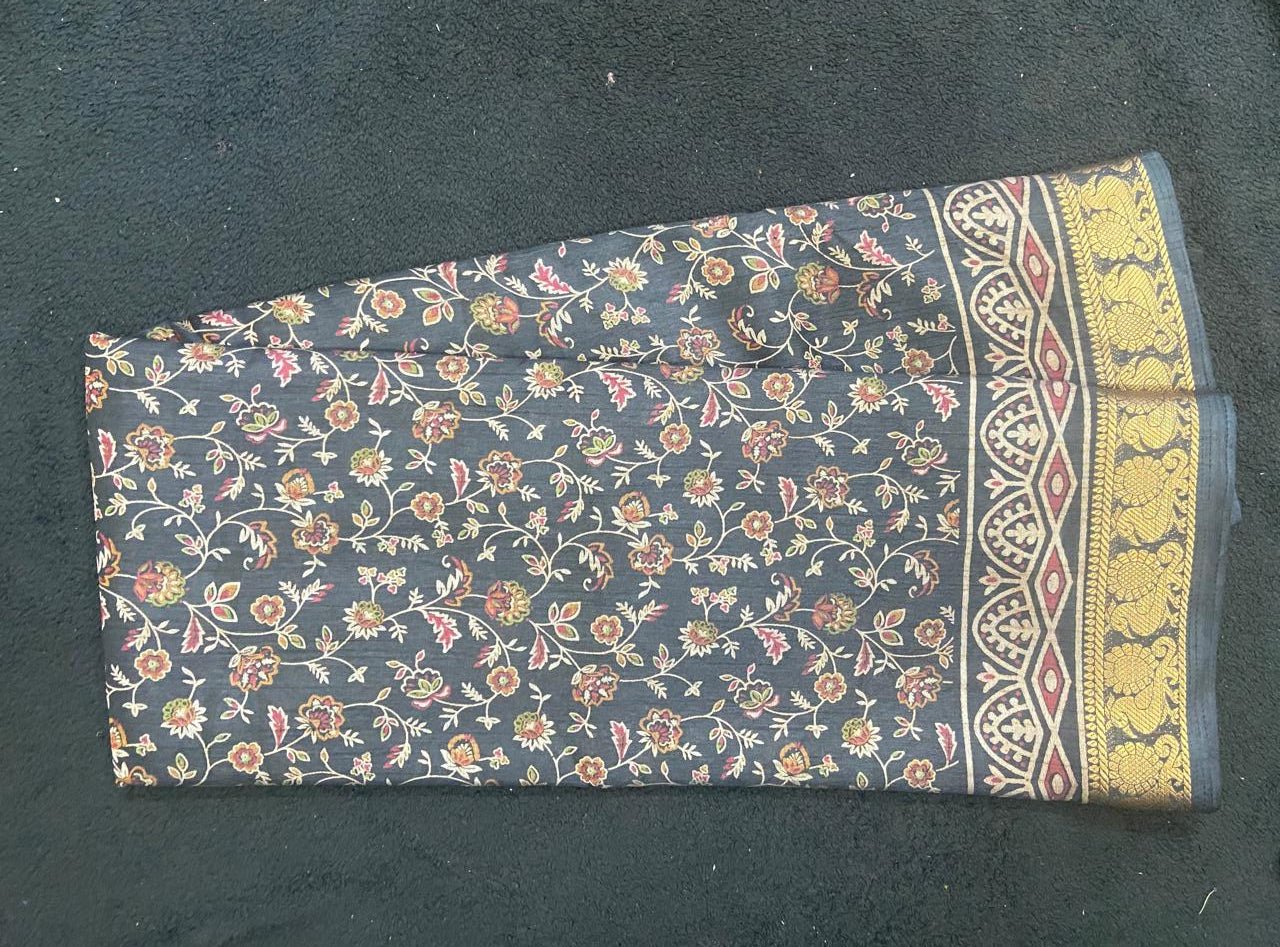 Dola Silk Saree with Floral Print and Peacock Zari Border - VSL Collections