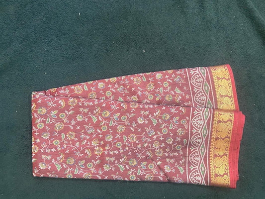 Dola Silk Saree with Floral Print and Peacock Zari Border - VSL Collections