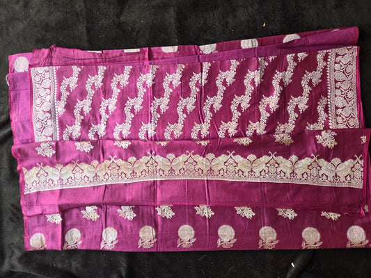 Figar Banarasi Dress Material in Rich Magenta with Silver Zari Work - VSL Collections