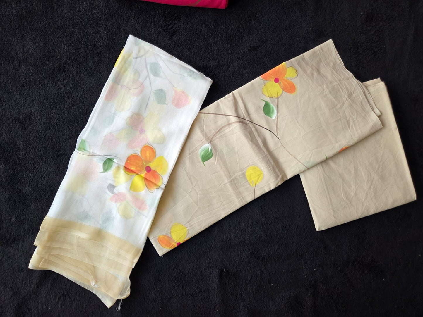Hand Painted Cotton Dress Material with Chiffon Dupatta - VSL Collections