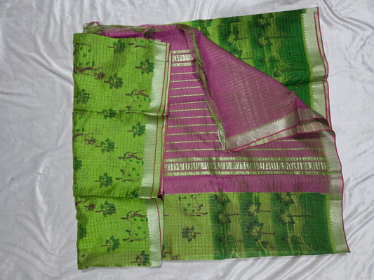 Light Green Mangalagiri Sico Saree With Magenta Pink Pallu