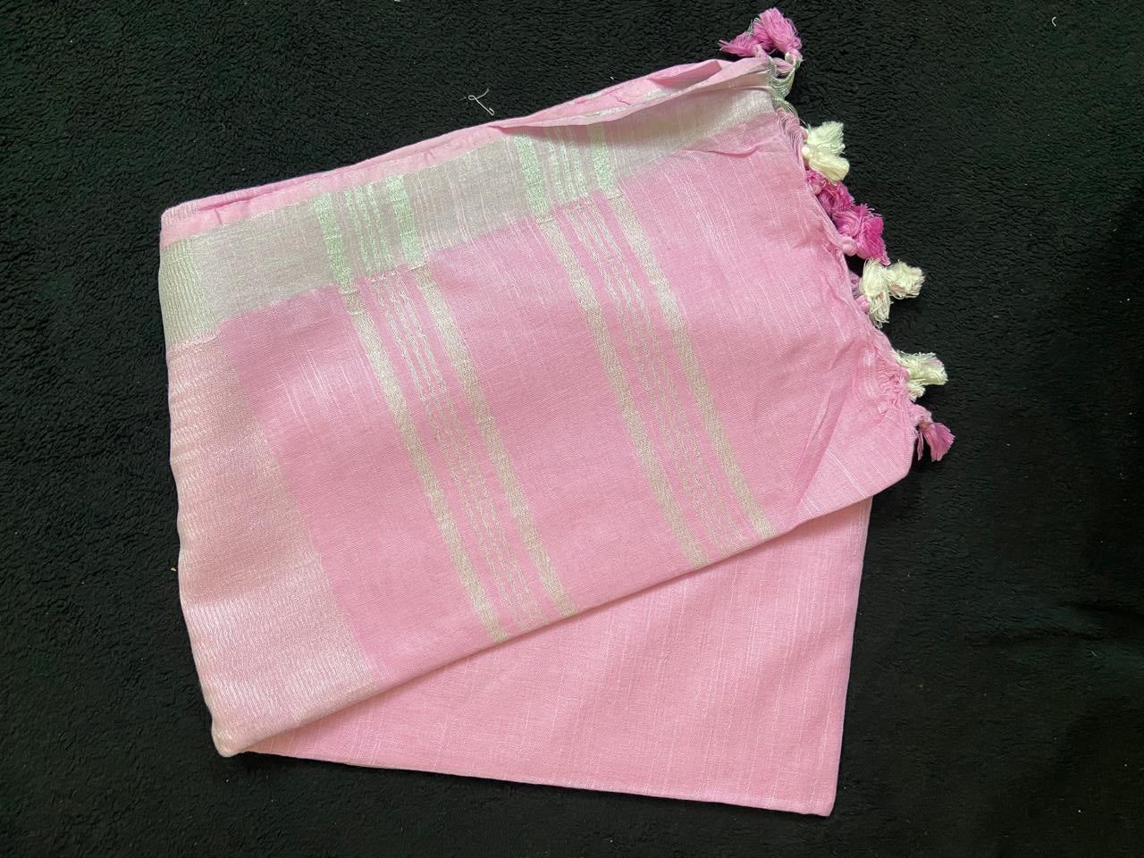 Linen Cotton Saree with Stripes & Pallu with Tassels - VSL Collections