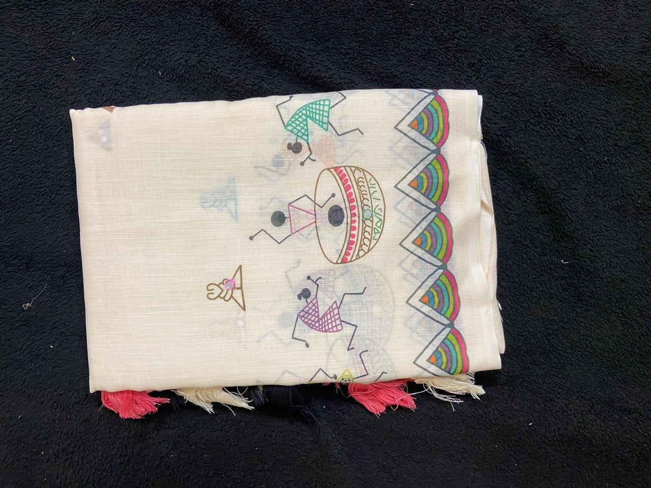 Linen Cotton Saree with Tribal Art Print - VSL Collections