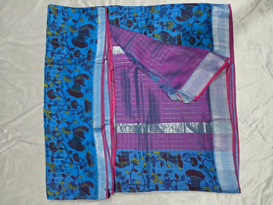 Mangalagiri Sico Saree in Blue with Floral Pattern - VSL Collections