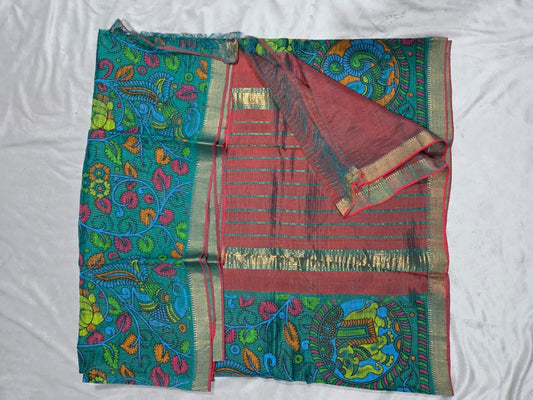 Mangalagiri Sico Saree in Teal Color with Maroon Pallu - VSL Collections