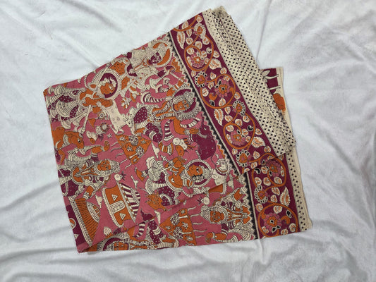 Kalamkari Print Cotton Saree with leafy patterns