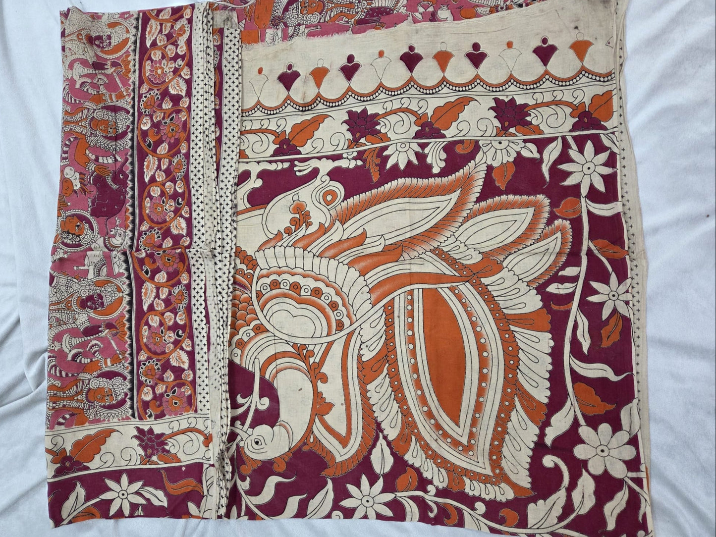 Kalamkari Print Cotton Saree with leafy patterns