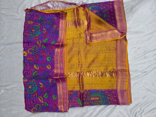 Purple Color Mangalagiri Sico Saree with Yellow Pallu