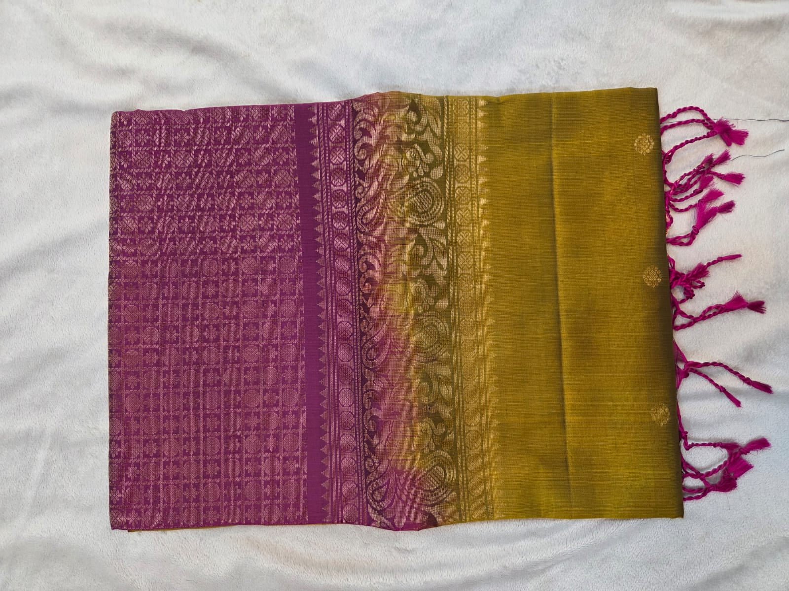 Olive Gold Kanchi Handloom Soft Silk Saree - VSL Collections