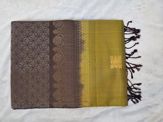 Olive Green Kanchi Handloom Soft Silk Saree - VSL Collections