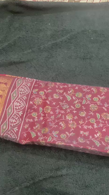 Dola Silk Saree with Floral Print  & Peacock Zari Border video