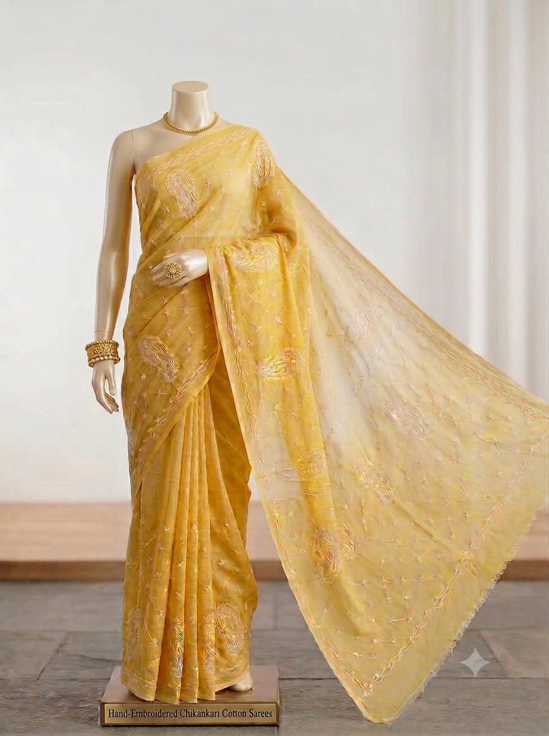Hand-Embroidered Chikankari Cotton Sarees - Sunny Yellow
