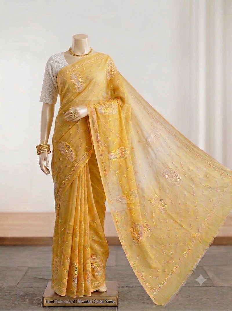 Hand-Embroidered Chikankari Cotton Sarees - Sunny Yellow