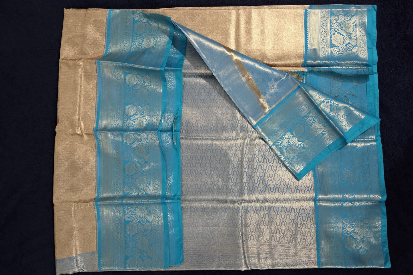 Turquoise Blue Kanchi Korvai Tissue Silk Saree